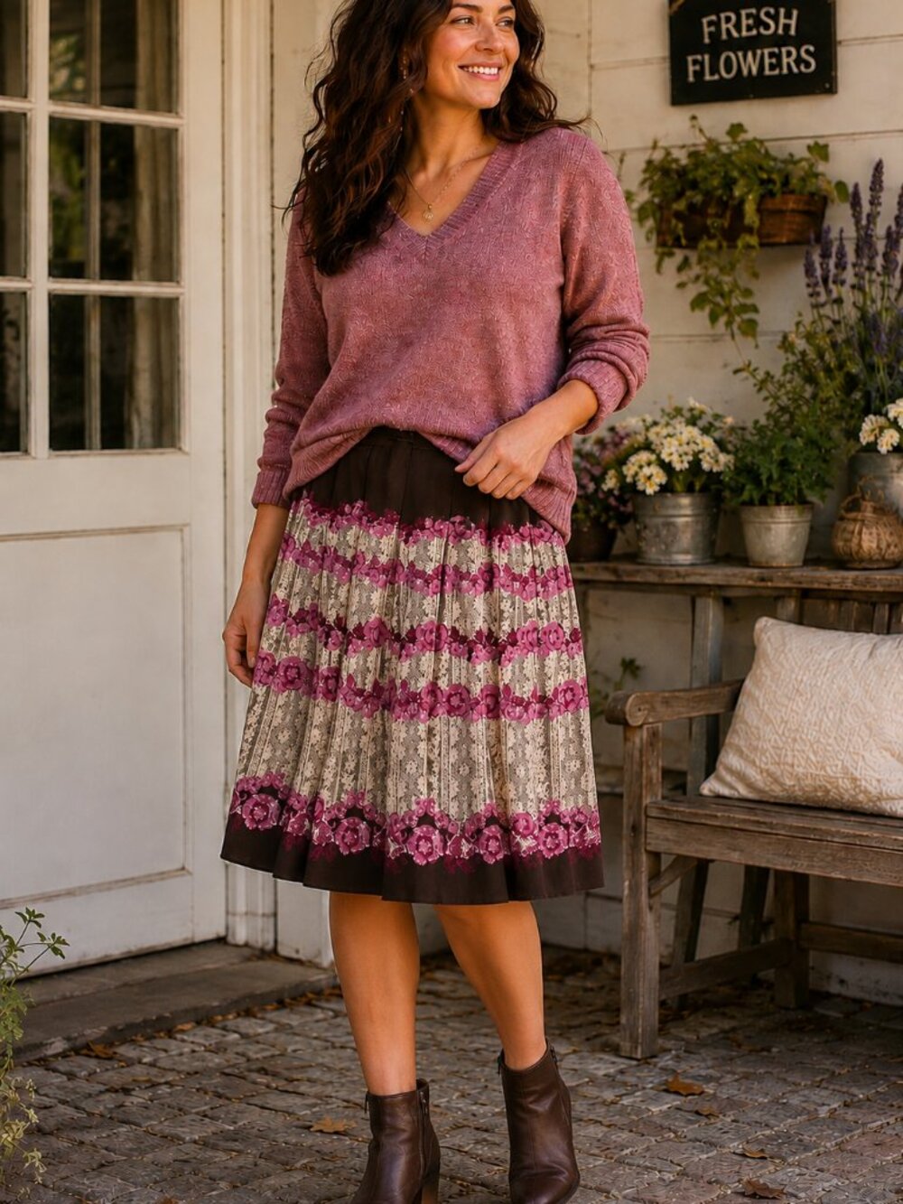 Anne Klein Sz 12 Floral Pleated Skirt Romantic Boho Cottagecore
